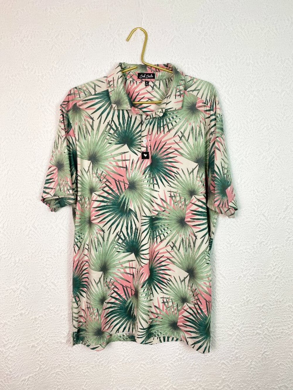 Bad Birdie Tropical Palm Print Golf Polo Shirt Pink Green Men's XL